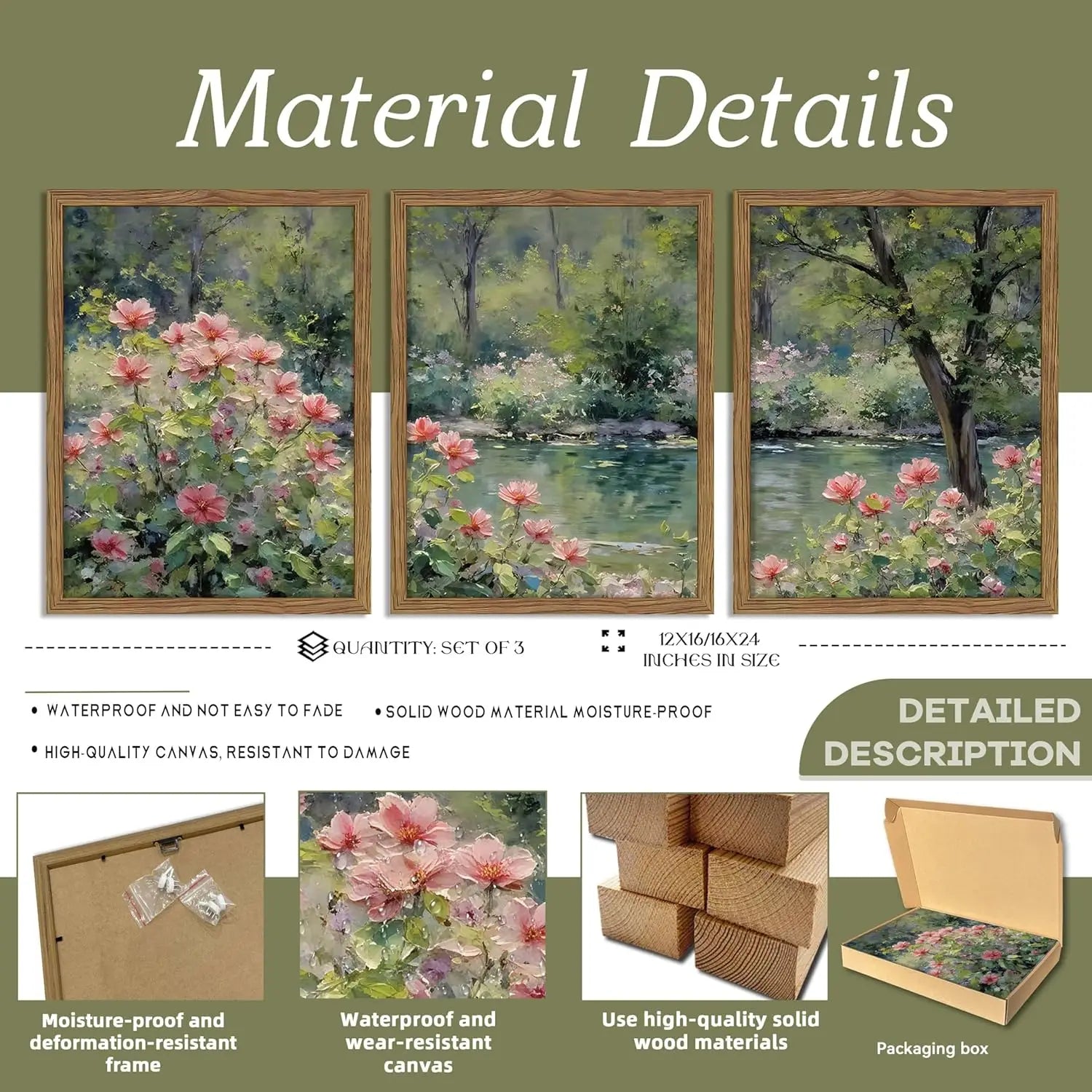 Impressionist Floral Canvas Wall Art Set of 3, Vintage Botanical Prints 12x16 Inch Framed