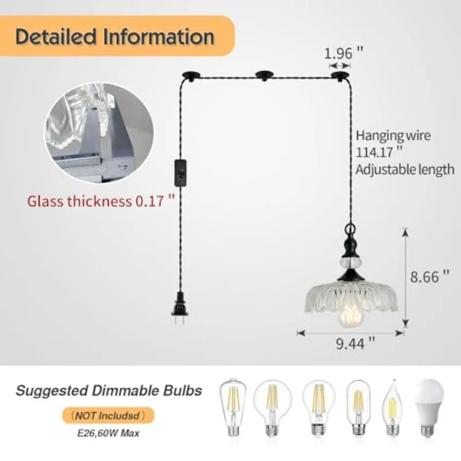 Plug in Glass Pendant Light Fixture Black Vintage Adjustable Chandelier Hanging Ceiling Light