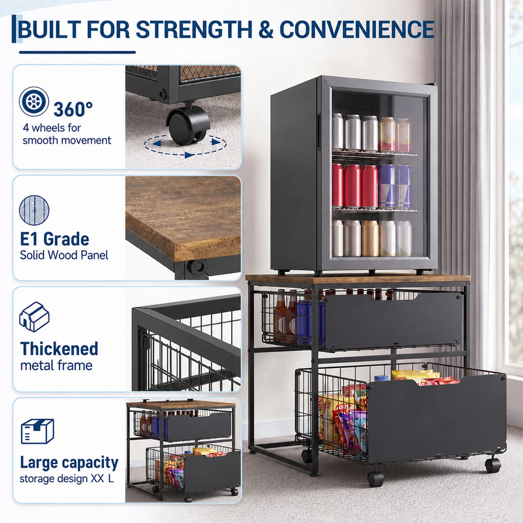 22x22IN Small Fridge Stand with Metal Storage Drawer Basket, Black | Table for Mini Fridge with Steel Frame and 4 Wheels, 300LBS Compact, Multi-Functional