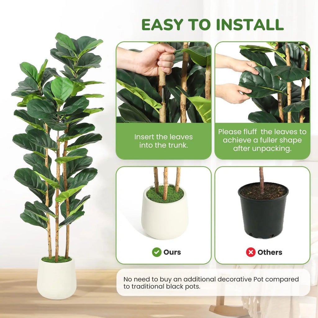 Artificial Fiddle Leaf Fig Tree with White Planter, 5/6/7 ft Natural Wood Trunk,