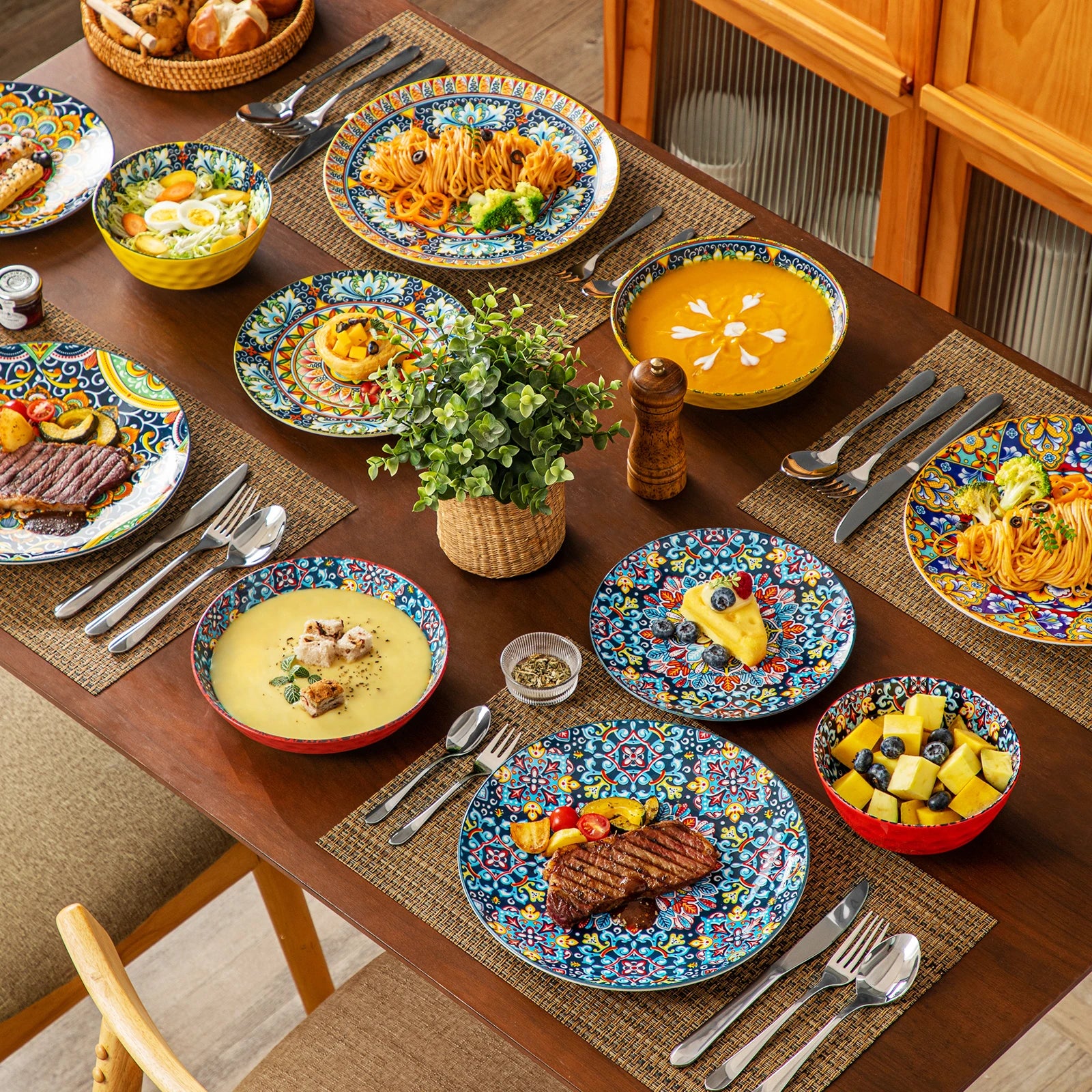 24 PCS Ceramic Dinnerware Set Porcelain Bohemian Style Dinner/Dessert Plate/Cereal/Pasta Bowl For 6