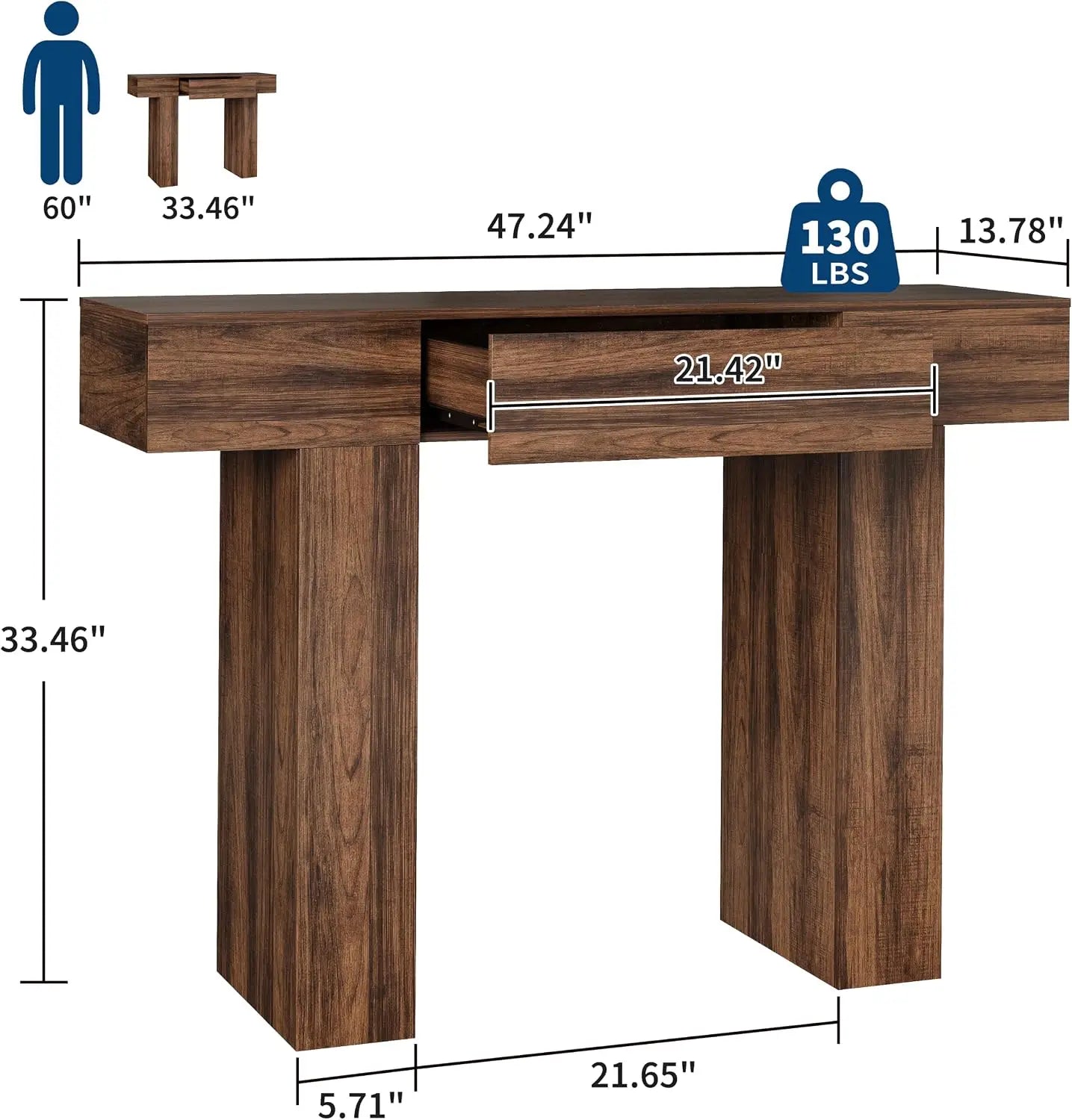 47" Long Console Table with Drawer, Narrow Entryway Table, Charcoal | Wood Rectangular Sofa Table