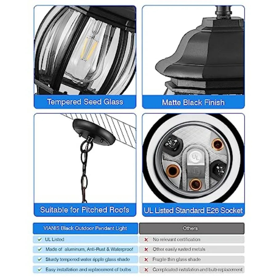 Black Outdoor Pendant Light Aluminum Hanging Exterior Lights with Waterproof Outdoor Ceiling Lights for Porch Anti-Rust