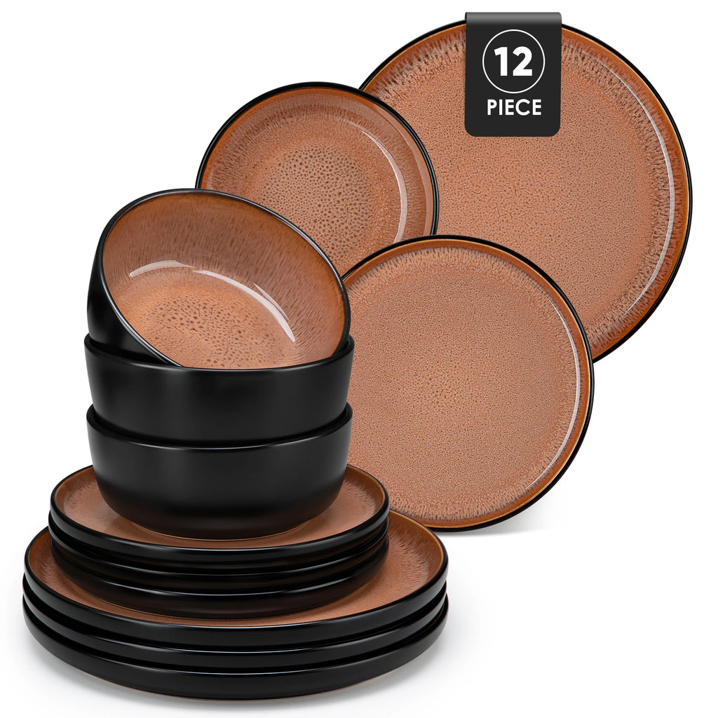 12/16 Piece Ceramic Dinnerware Set Matte Black Stoneware Plates Set with 4/6 Pcs Dinner Plate/Dessert/Bowl/Soup