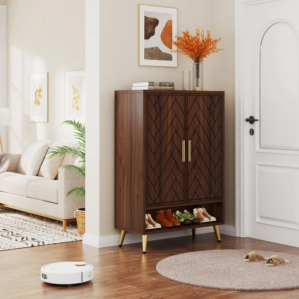 6-Tier Shoe Cabinet with Doors, Walnut Wooden with Adjustable Shelves for Entryway