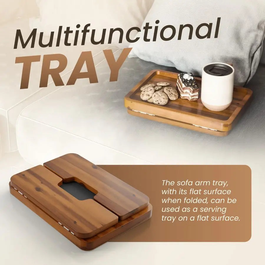 Sofa Armrest Double Hinge Clip On Table Tray Acacia Wood  9.5"D x 13.75"W x 5.5"H