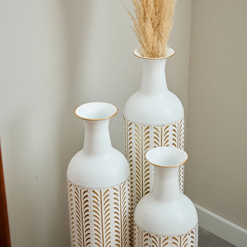 Large metal Drop-shaped Vase 3-piece Set, Modern Home  White and Gold