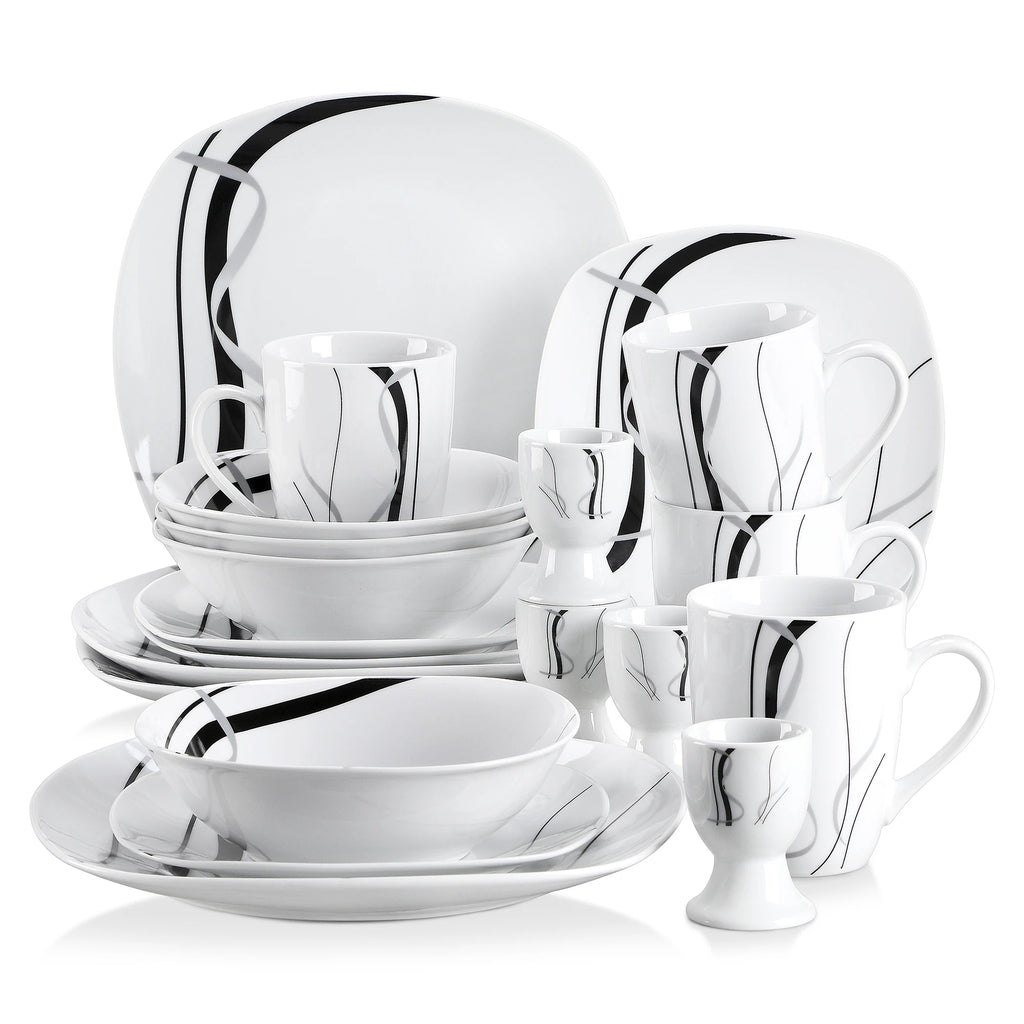 20/40 Piece Black Stripe Porcelain Dinner Kitchen Plate Combi-Set with Egg Cup/Mug/Bowl/Dessert Plate/Dinner Plate