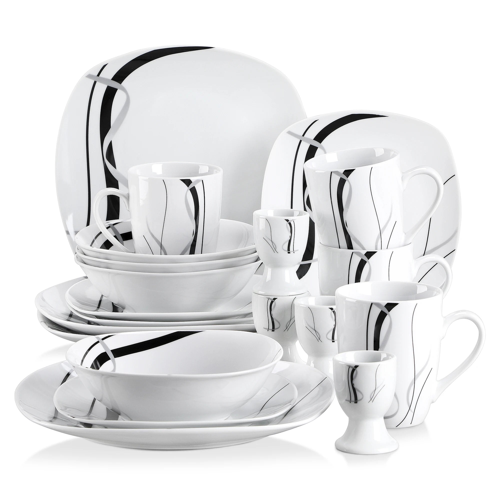 20/40 Piece Black Stripe Porcelain Dinner Kitchen Plate Combi-Set with Egg Cup/Mug/Bowl/Dessert Plate/Dinner Plate