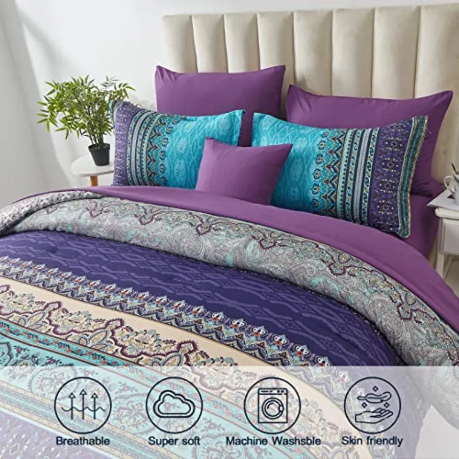8 Pcs Bed in a Bag Bohemian Striped Bedding Quilt Set Paisley Floral Comforter and Sheet Microfiber