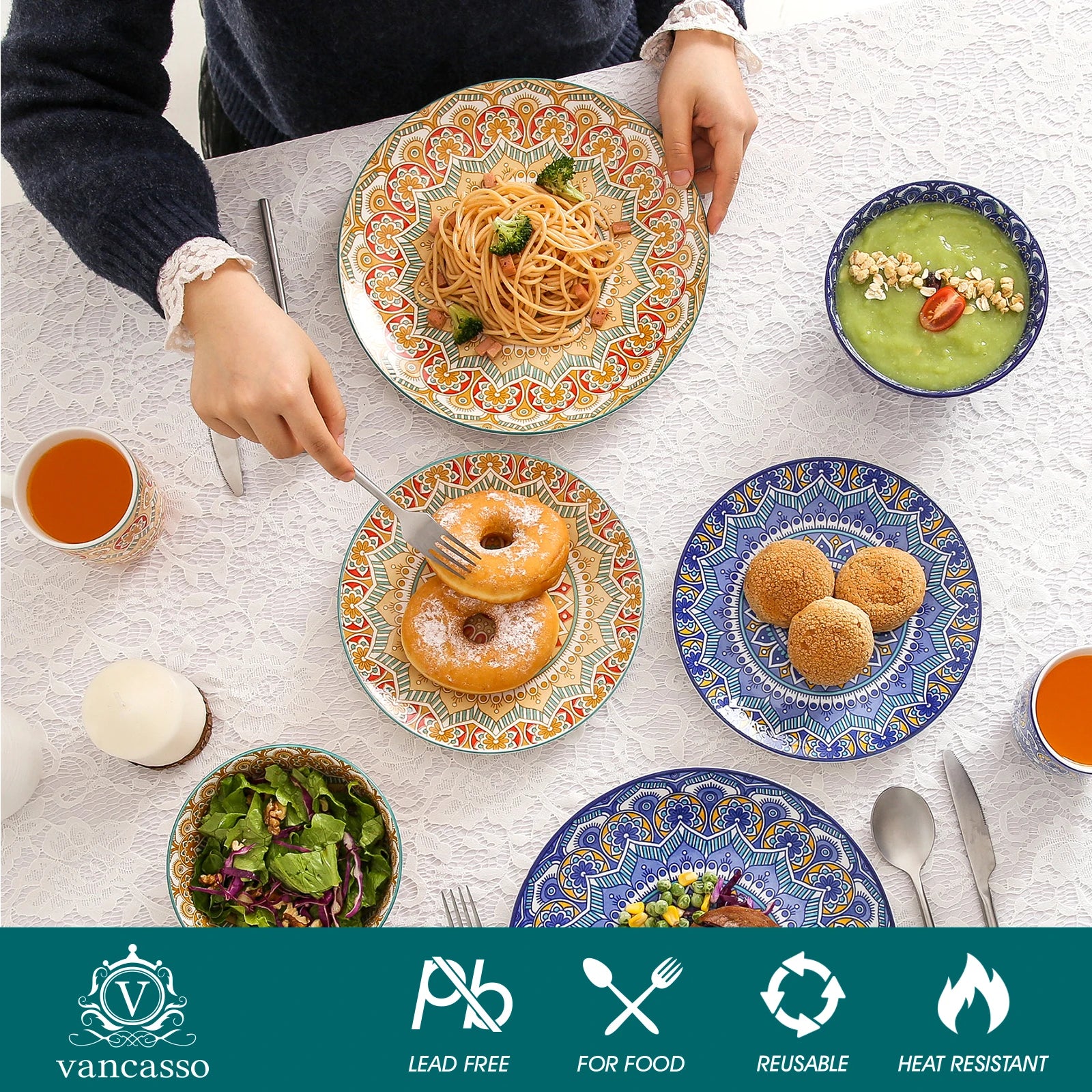 16/32/48-PCS Ceramic Plate Porcelain Dinnerware Set Bohemian Mandala Patterned with Dinner Plate,Dessert Plate,Bowl,Mug