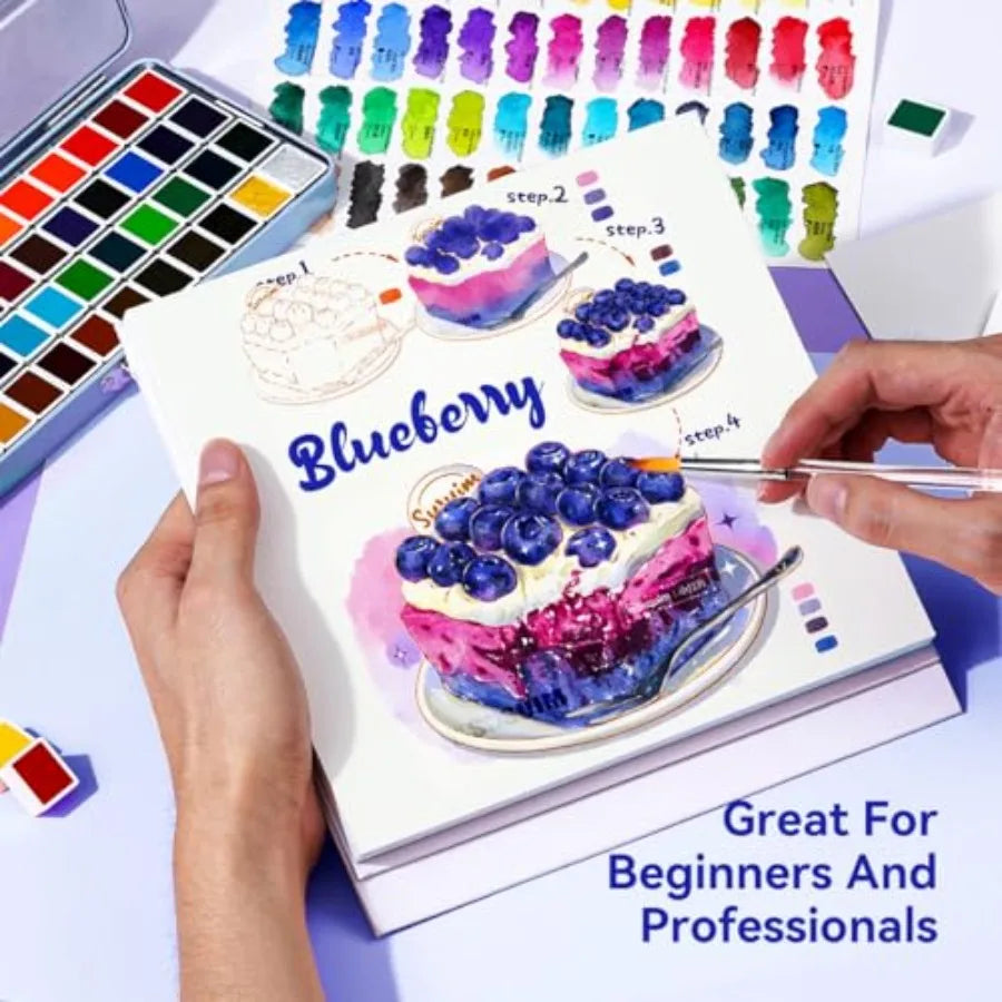 52 Vibrant Colors Watercolor Paint Set for Adults Metallic Shades, Includes Brush, Pencil, Sponge