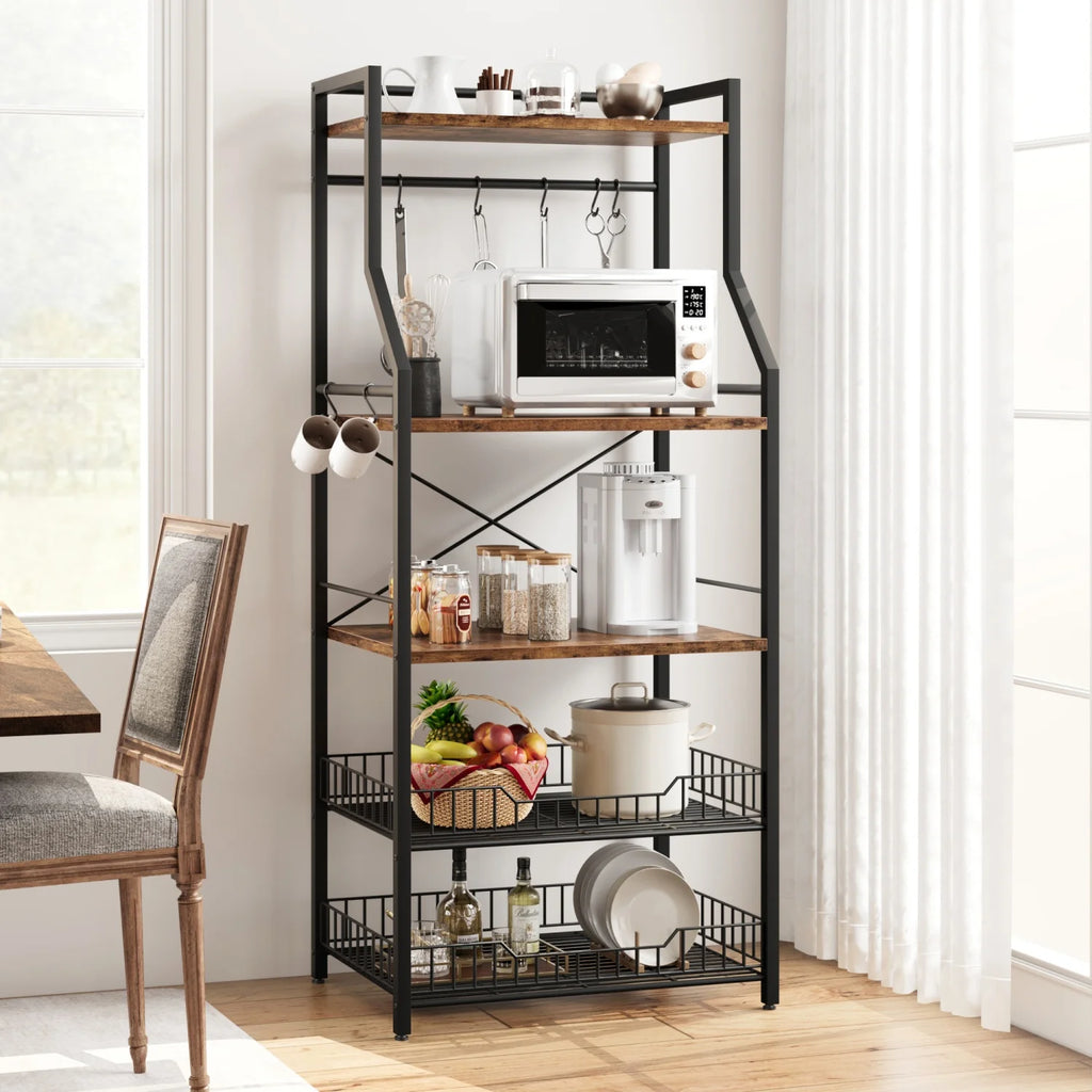 Kitchen Bakers Rack Microwave Oven Stand with 2 Large Wire Basket Industrial