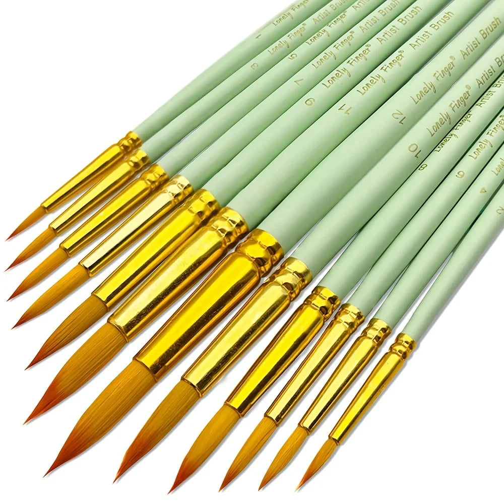 12pcs Premium Artist Synthetic Nylon Paint Brush Set  Round Pointed Tips for Acrylic, Watercolor, Oil & Gouache