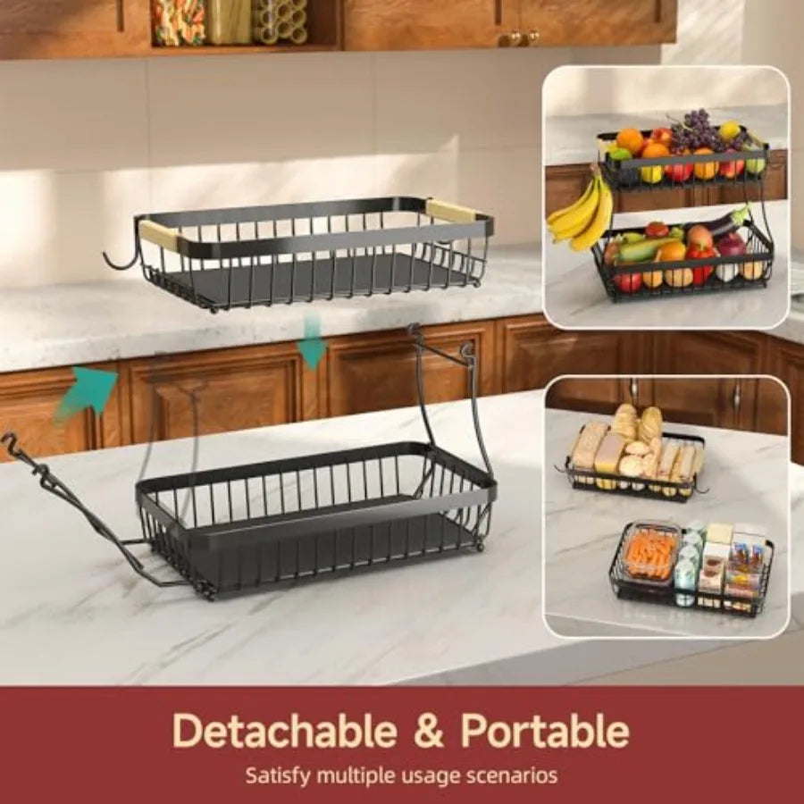 2 Tier Large Metal Fruit Basket for Kitchen Counter with 2 Mobile Banana Hangers Detachable with Wooden Handles