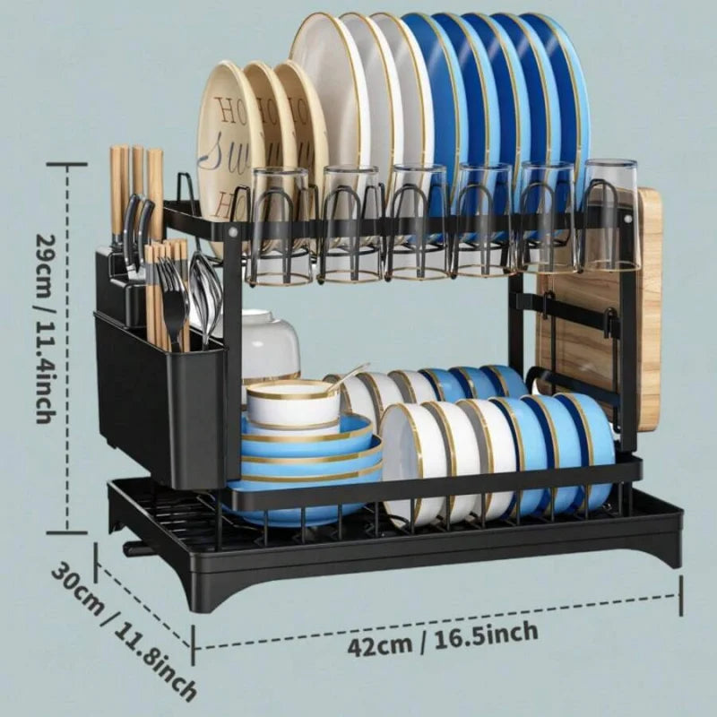Stainless Steel Rust Proof Metal Dish Drying Rack 2 Tier Large Capacity  Automatic Drainage