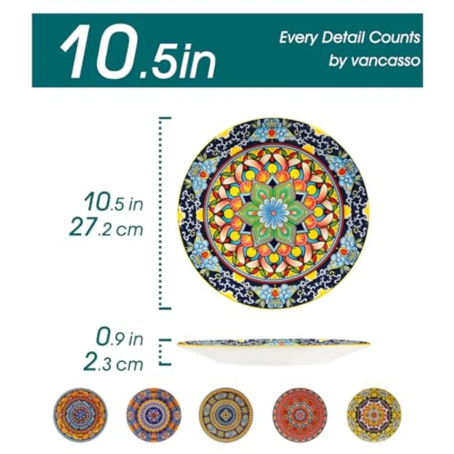 Colorful Dinner Plates Set of 6, 10.5 Inch Ceramic  Bohemian Dishes for Microwave and Dishwasher
