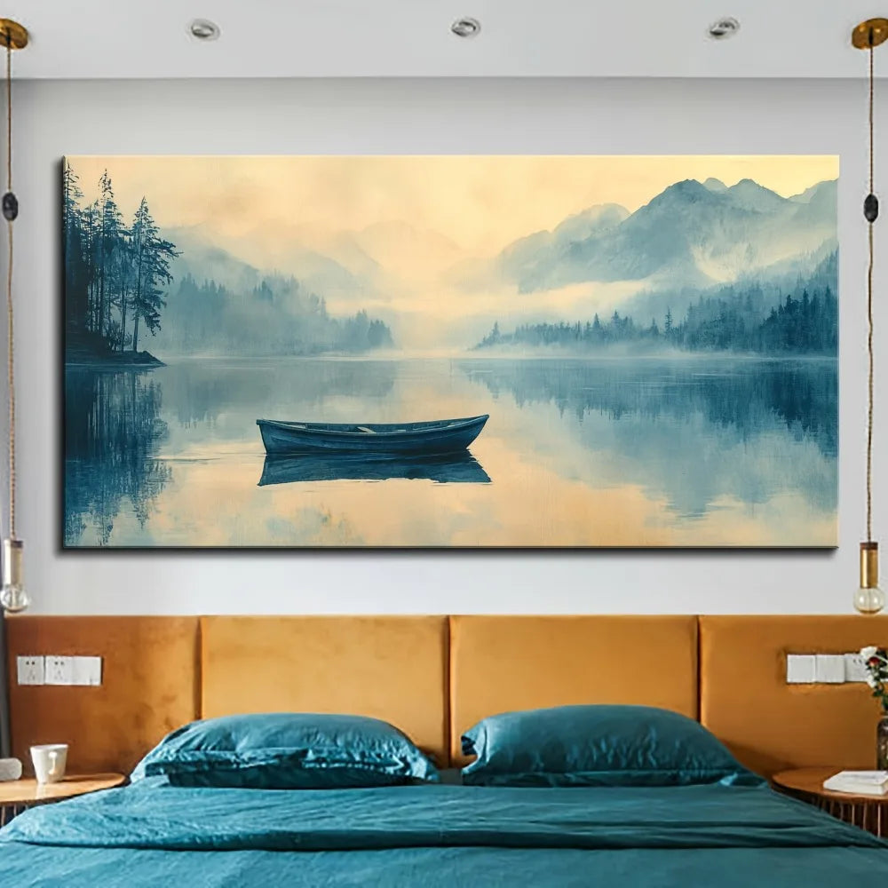 1.5 inch thick pine solid wood frame, landscape foggy scenery boat painting