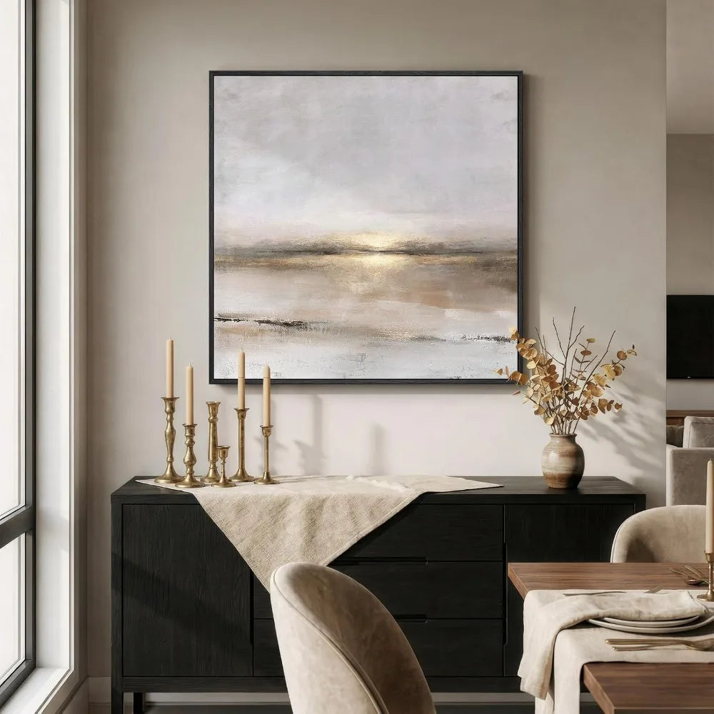 Modern Abstract Landscape Wall Art, Gray Black Gold Framed Canvas Print 30x30 In