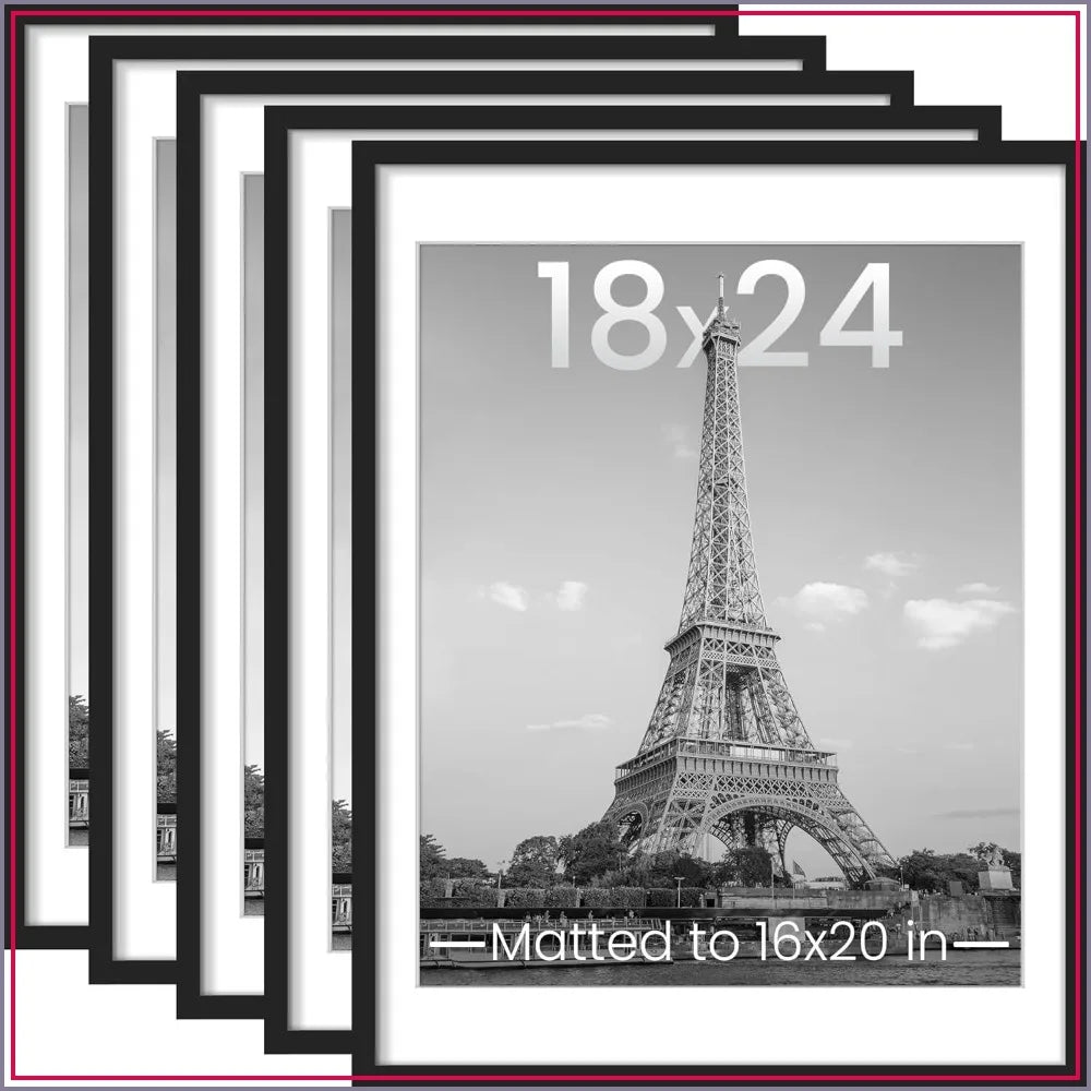 18x24 Picture Frame Set of 5, Display 16x20 with Mat or 18x24 Without, Black Wall Frames