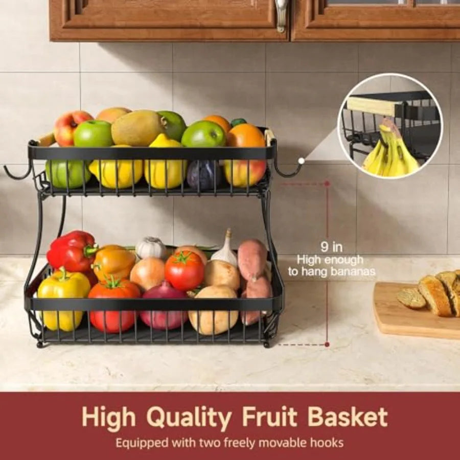2 Tier Large Metal Fruit Basket for Kitchen Counter with 2 Mobile Banana Hangers Detachable with Wooden Handles