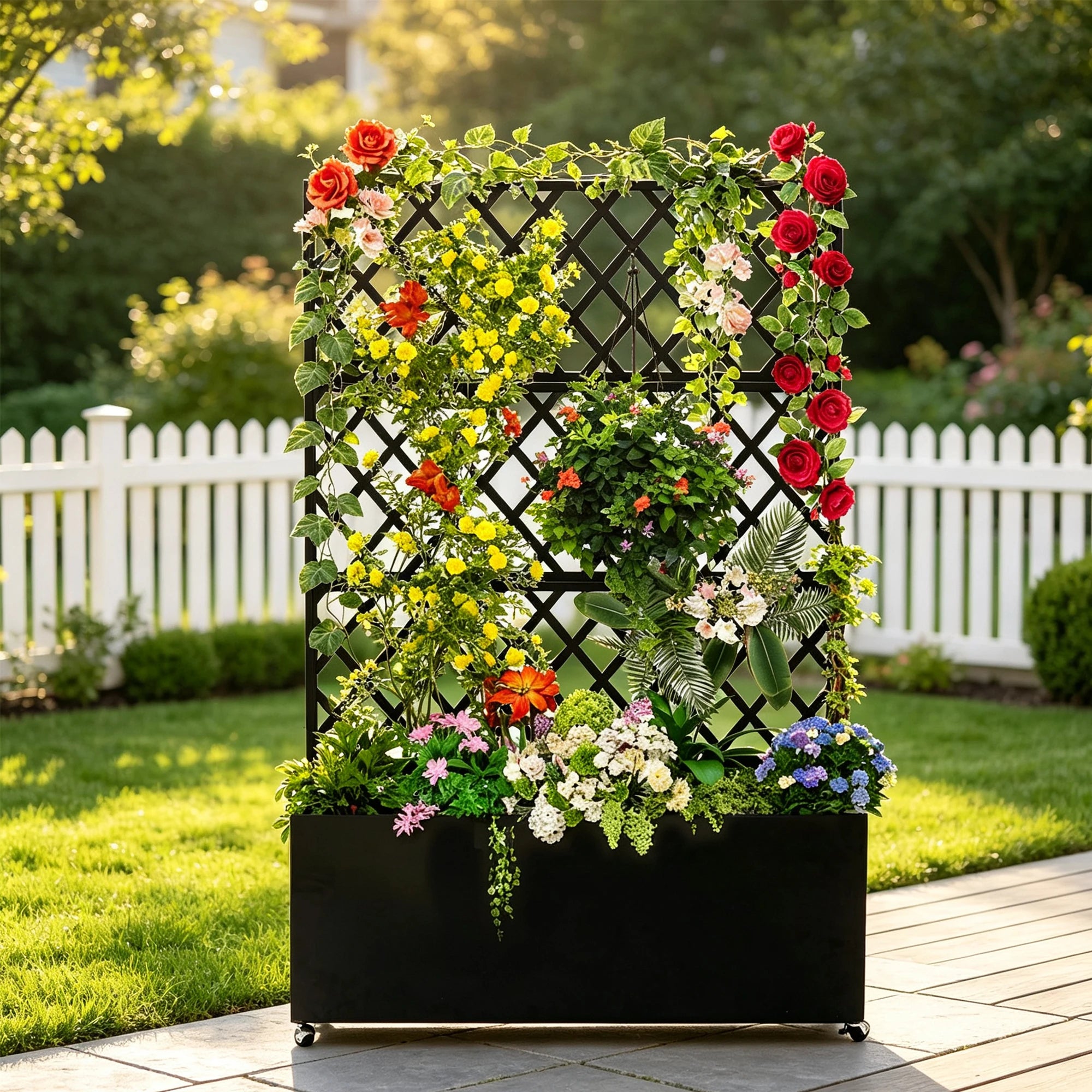 Galvanized Steel Raised Garden Bed With Trellis Privacy Screen, Locking Wheels & Drainage, Rolling Planter
