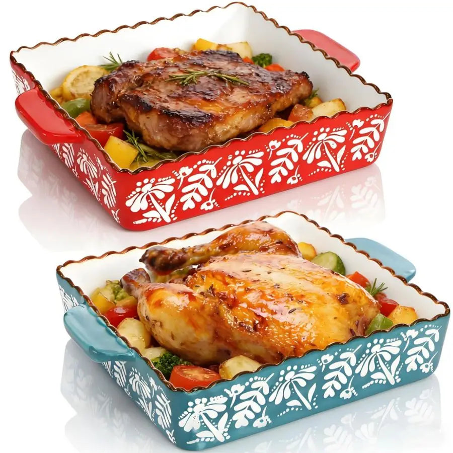 Pack Ceramic Baking Dish, 9 x 9 inch Porcelain Square ,Double Handle, Blue, Red