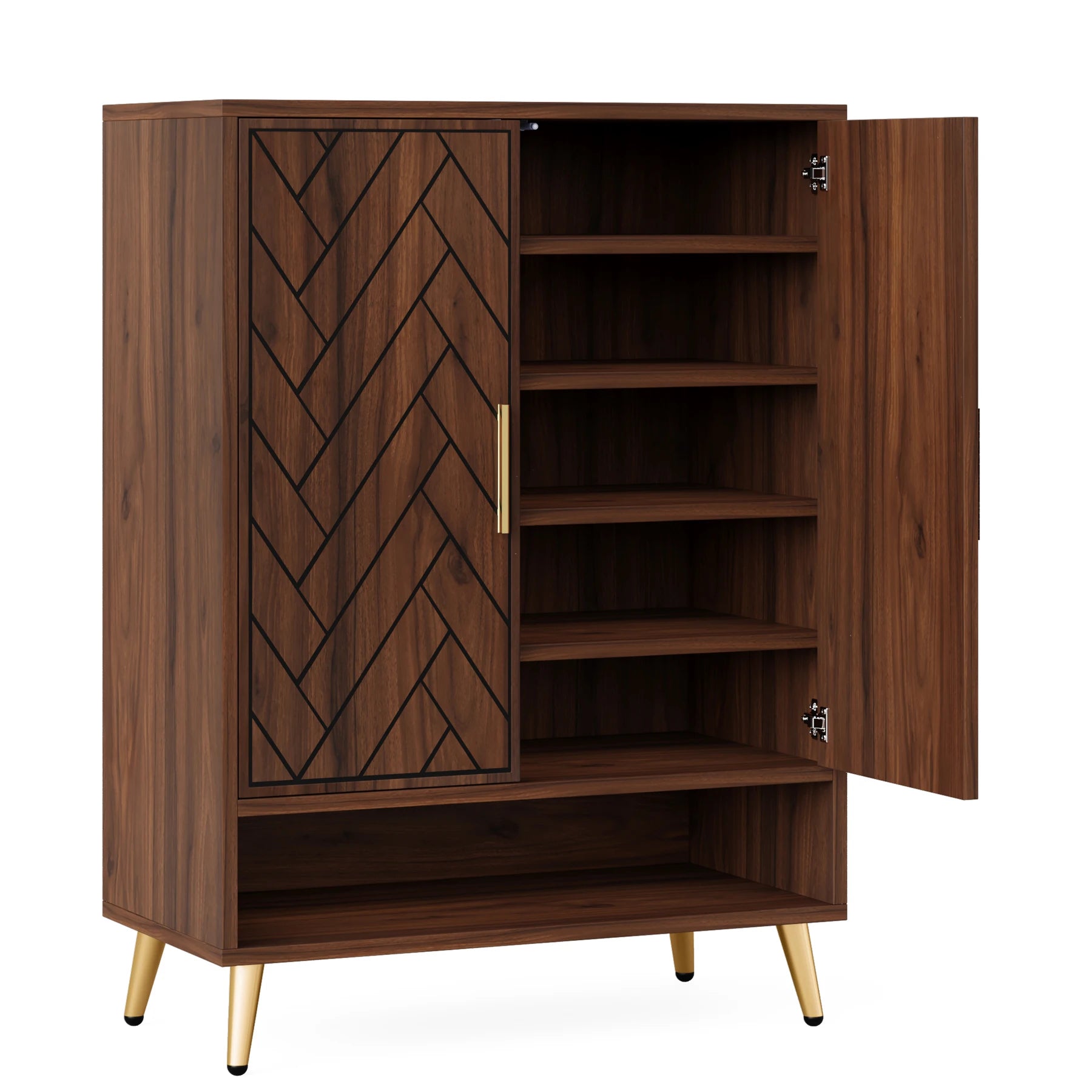 6-Tier Shoe Cabinet with Doors, Walnut Wooden with Adjustable Shelves for Entryway