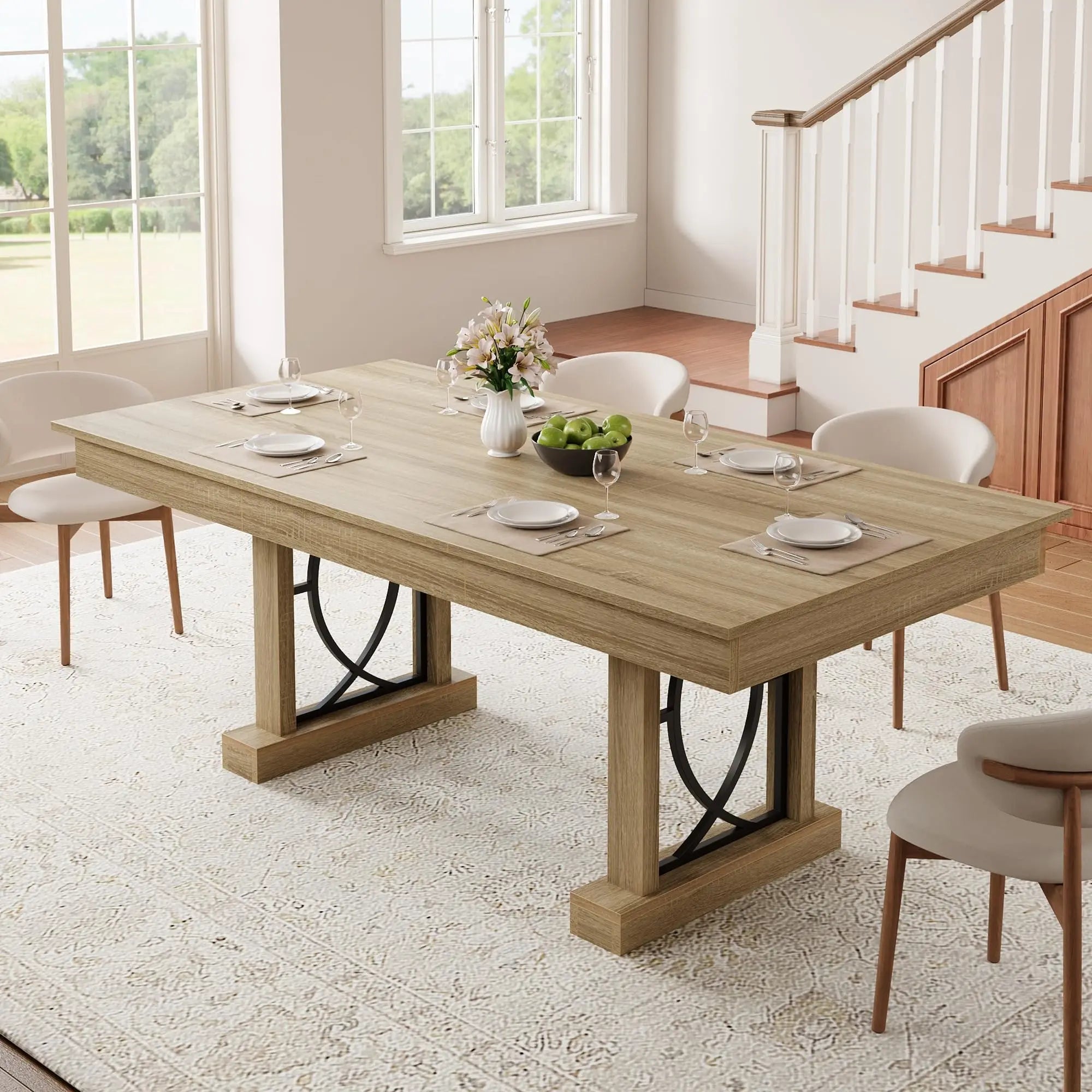 Large 71 Inch Table With 2 Storage Drawers For 6-8, Rustic Wood Kitchen Table, Heavy Duty Base,