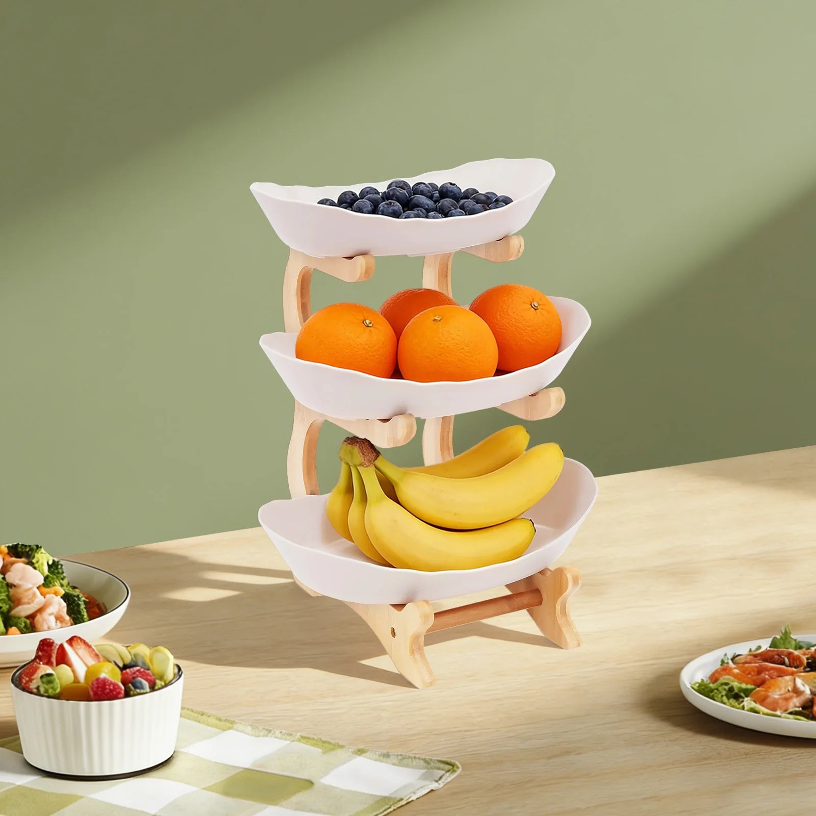 Kitchen Storage Rack Three Tier Fruit Tray Large Detachable Bamboo Stand Space Saving Bowl