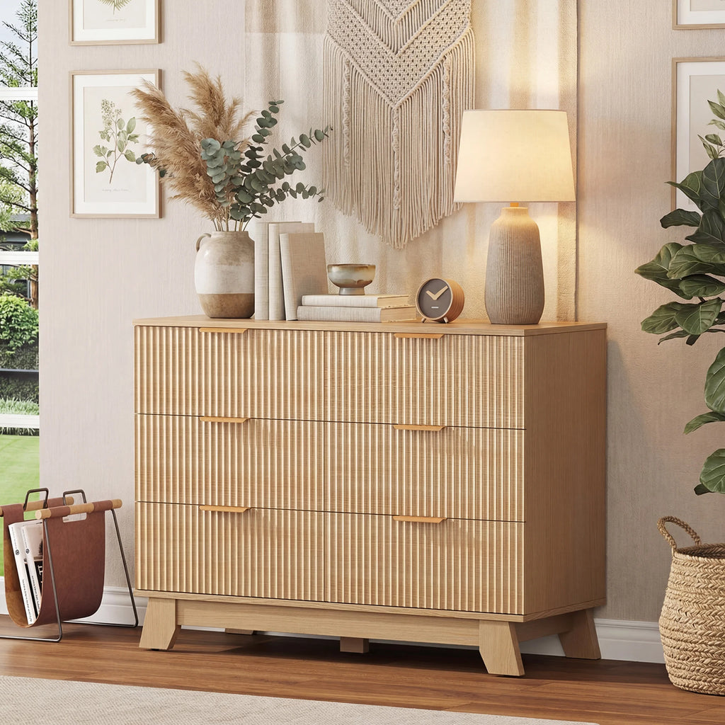 Fluted Wooden 6 Drawer Dresser Cabinet Wide Modern Chest of Drawers with Gold Metal Handles