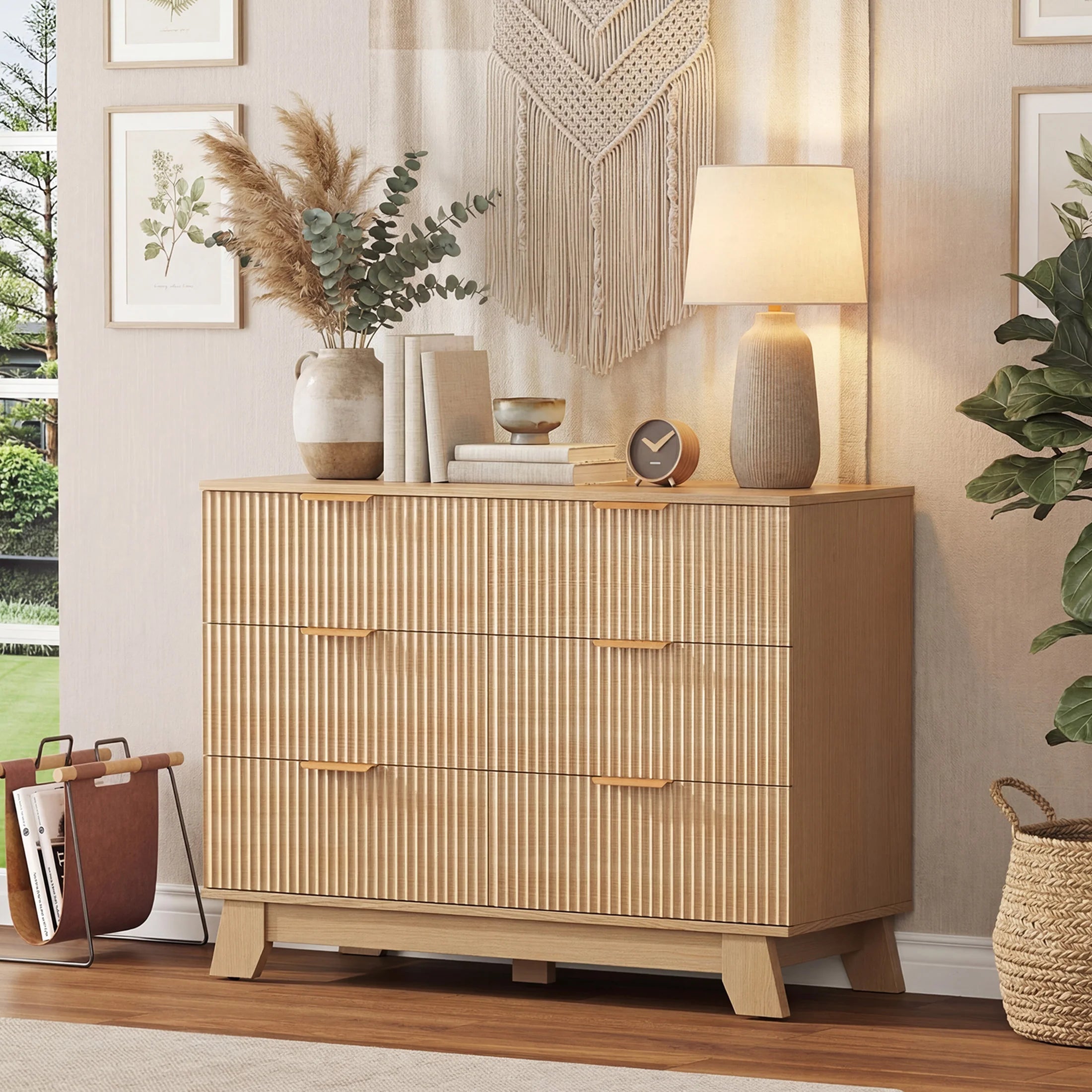 Fluted Wooden 6 Drawer Dresser Cabinet Wide Modern Chest of Drawers with Gold Metal Handles