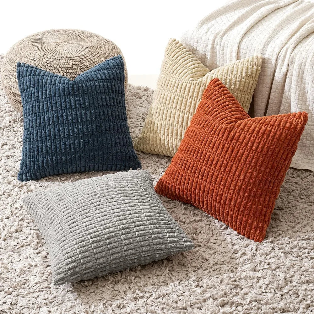 Boho Corduroy Throw Pillow Covers 18x18 Set of 4 Blue Orange Striped Decorative Cushion Cases