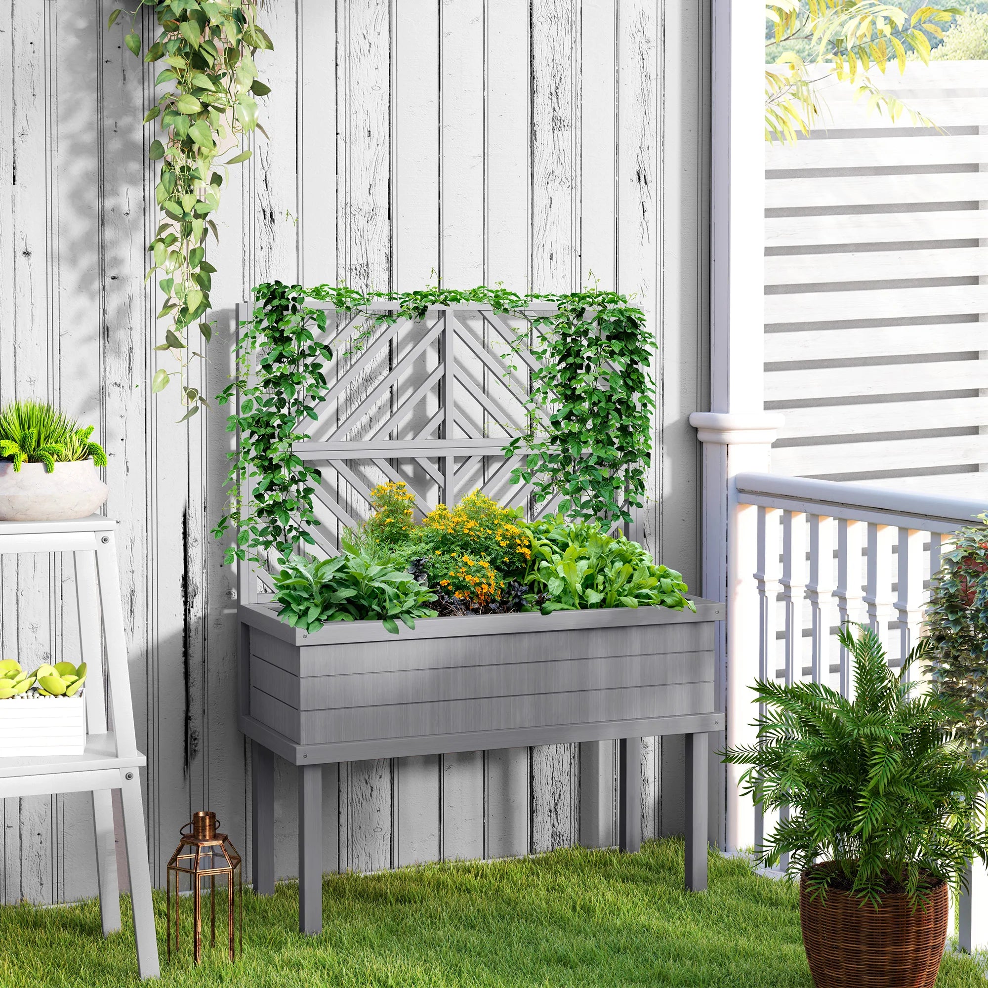Raised Garden Bed with Trellis for Climbing Plants, Wooden Planter with Legs, Drainage Holes & Filter, Gray