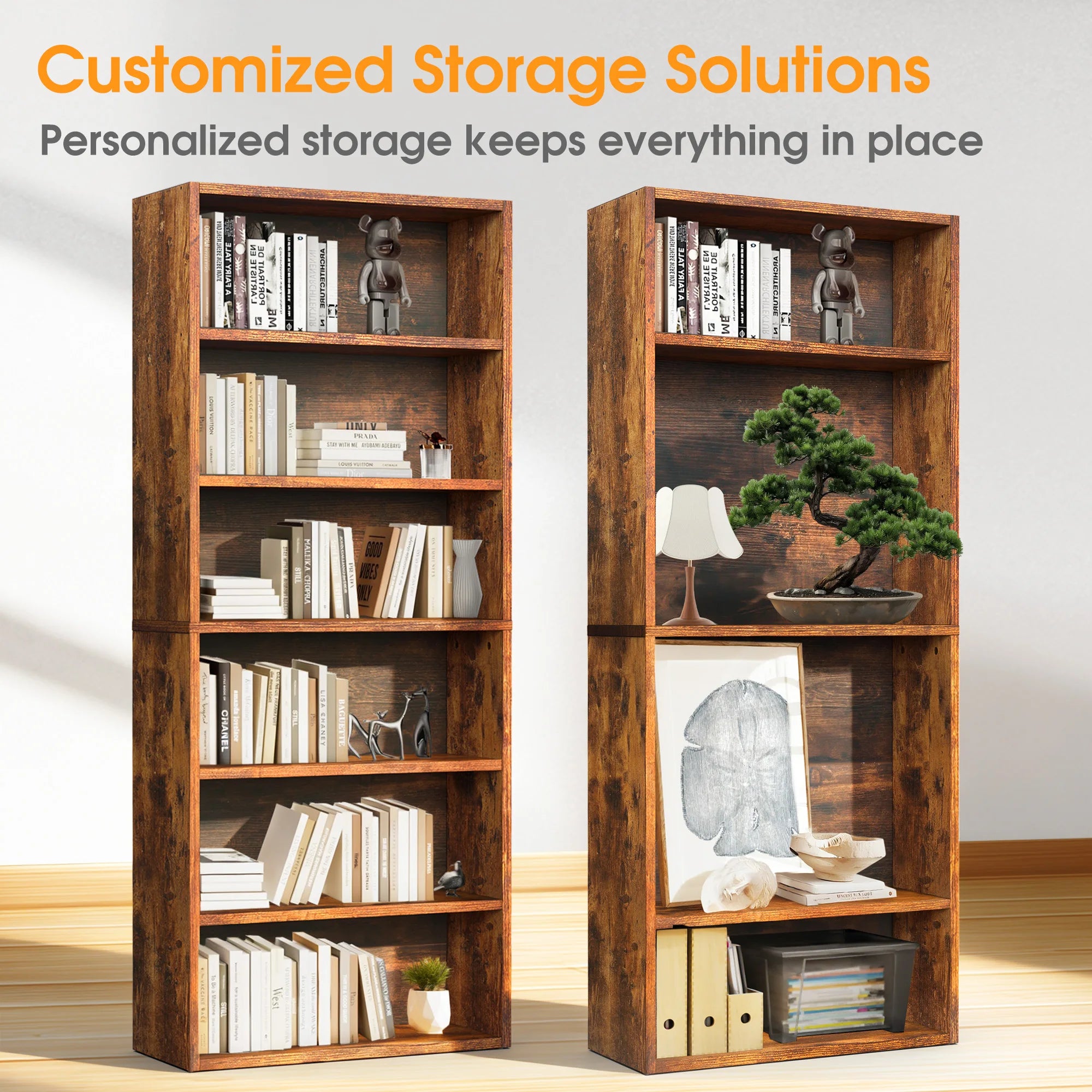6 Shelf Bookcase Wooden Large 63 Inch Tall Bookcase Standing Open Book Shelf Organizer Adjustable Display