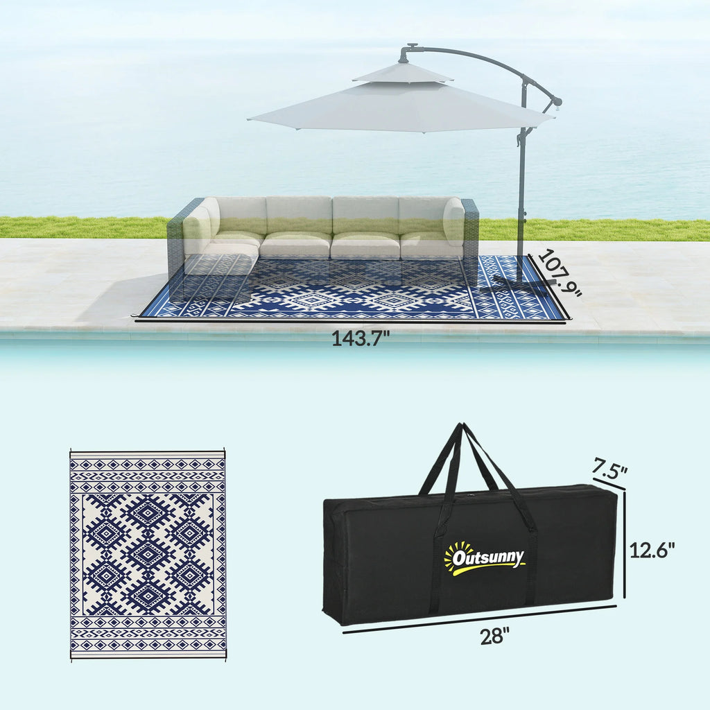 Outdoor Rug, 9' x 12' Floor Mat, Blue White Rhombus Border