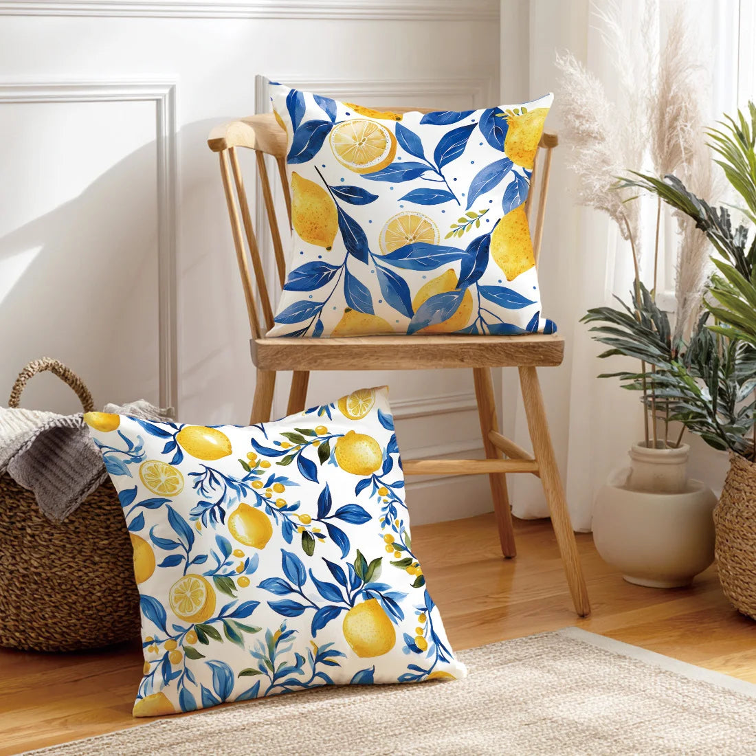 4pcs, Single-Sided Printing Pillow Covers, Deep Blue Lemon Illustration