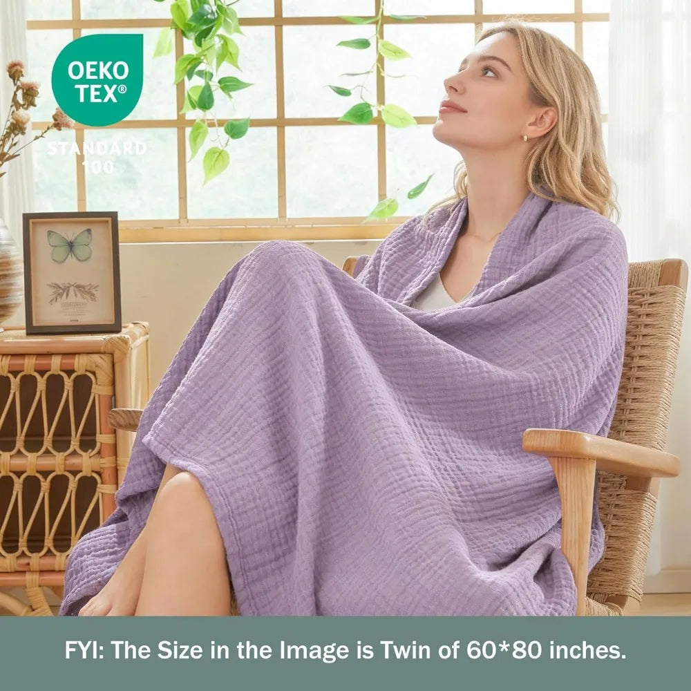 Cotton Muslin Blanket King Size - Soft, Breathable Layering Blanket, 108'x90', All Season Gauze, Lavender