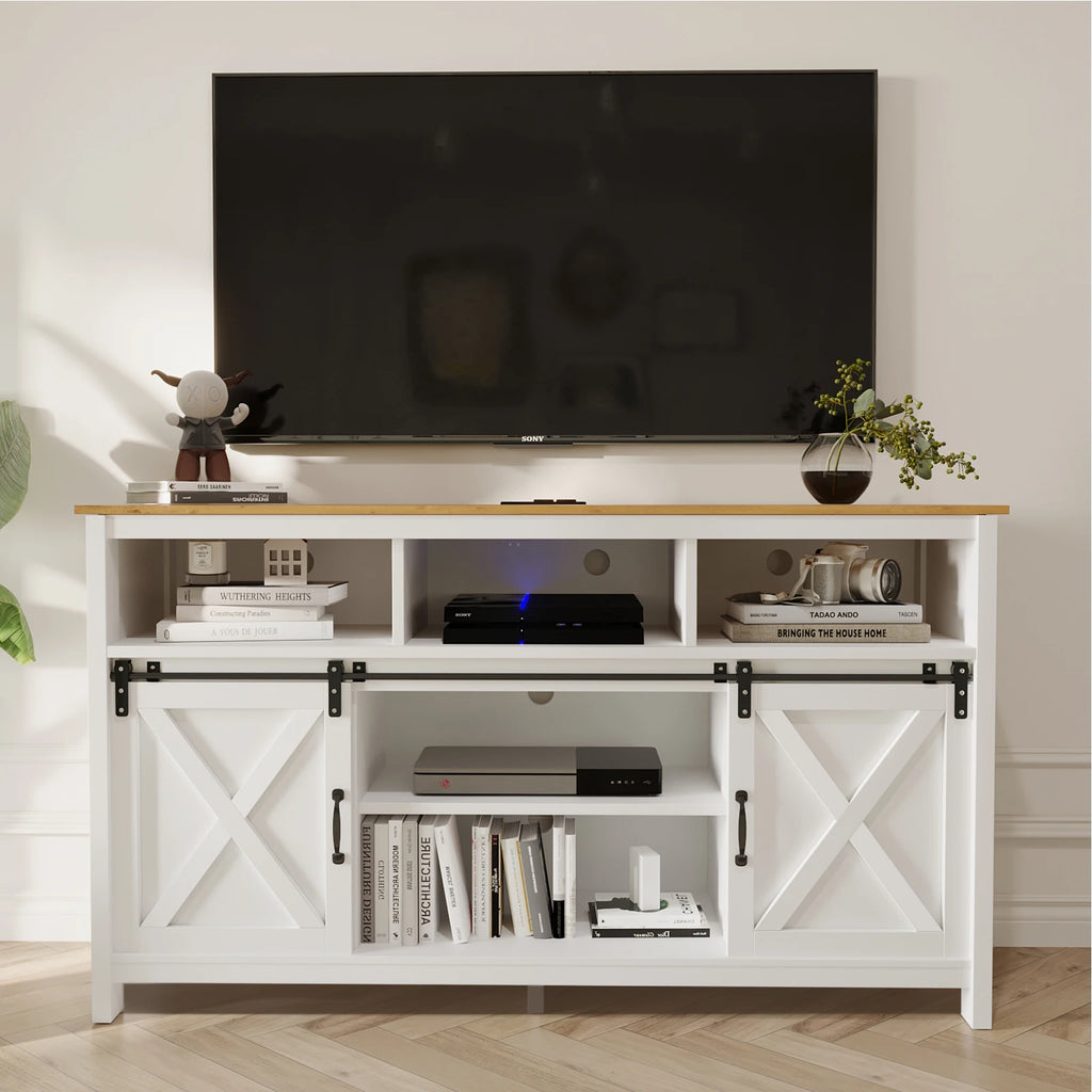 TV Stand Farmhouse Cabinet Rustic Sliding Barn Door Storage Cabinet with Power Outlet & LED Light