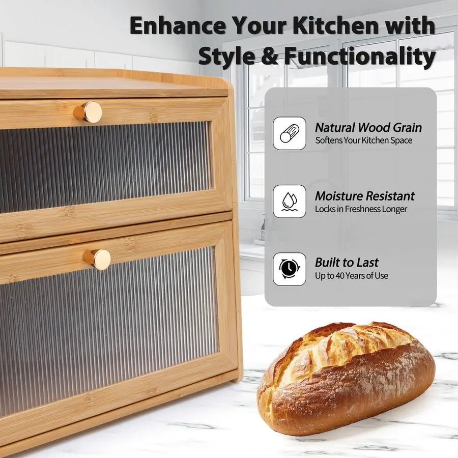 Bamboo Bread Box 2 Tiered Large Capacity
