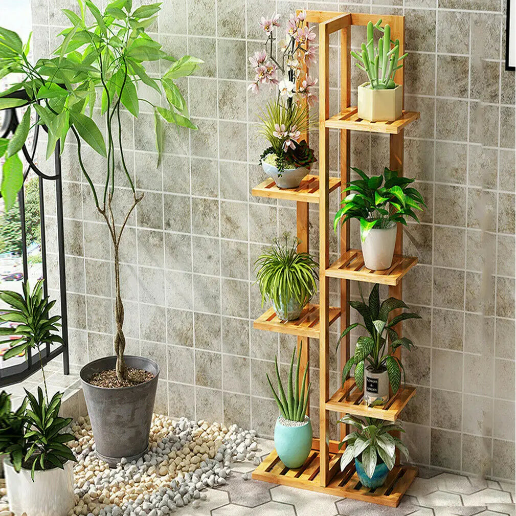 Vertically Bamboo Shelf Rack Plant Stand Display Fits Corner Indoor Outdoor