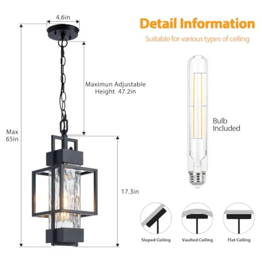 17" Outdoor Chandelier Pendant Light Fixture for Porch Modern Black Dusk to Dawn Exterior Hanging Pendant Lantern