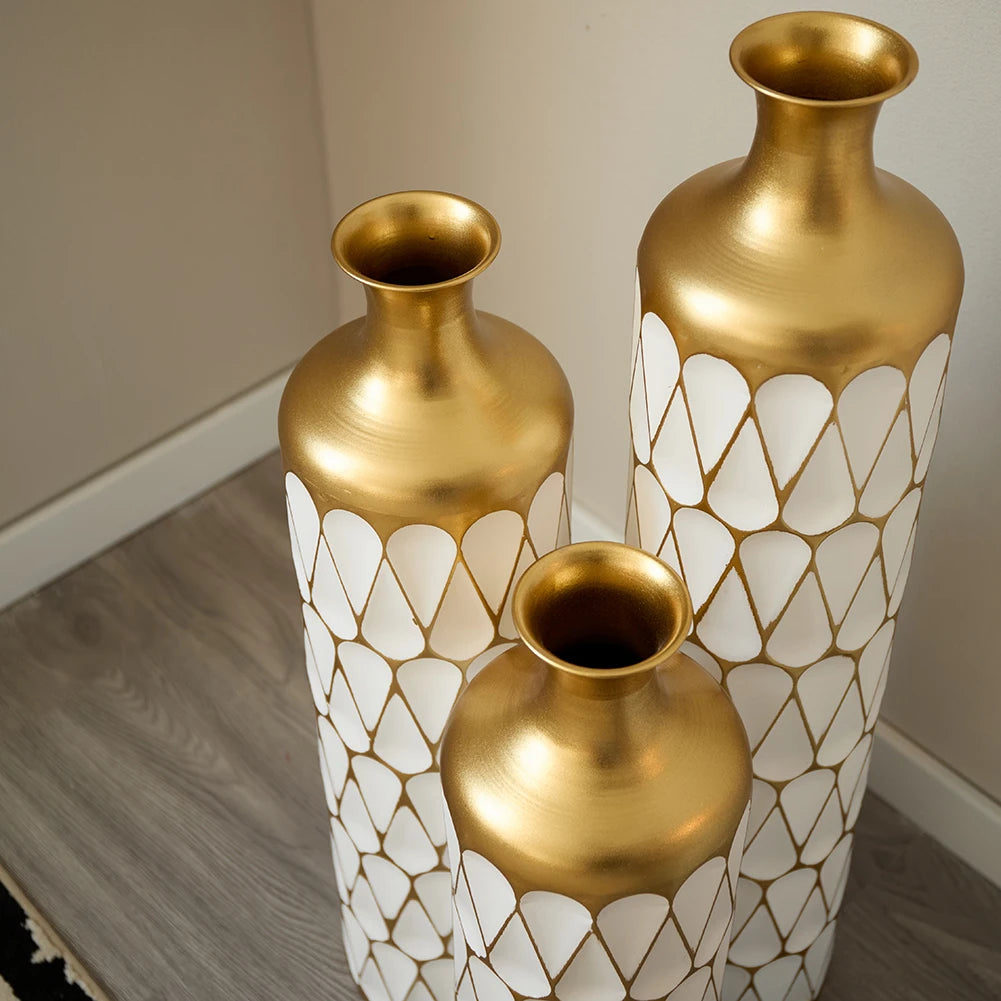 Large metal Drop-shaped Vase 3-piece Set, Modern Home  White and Gold