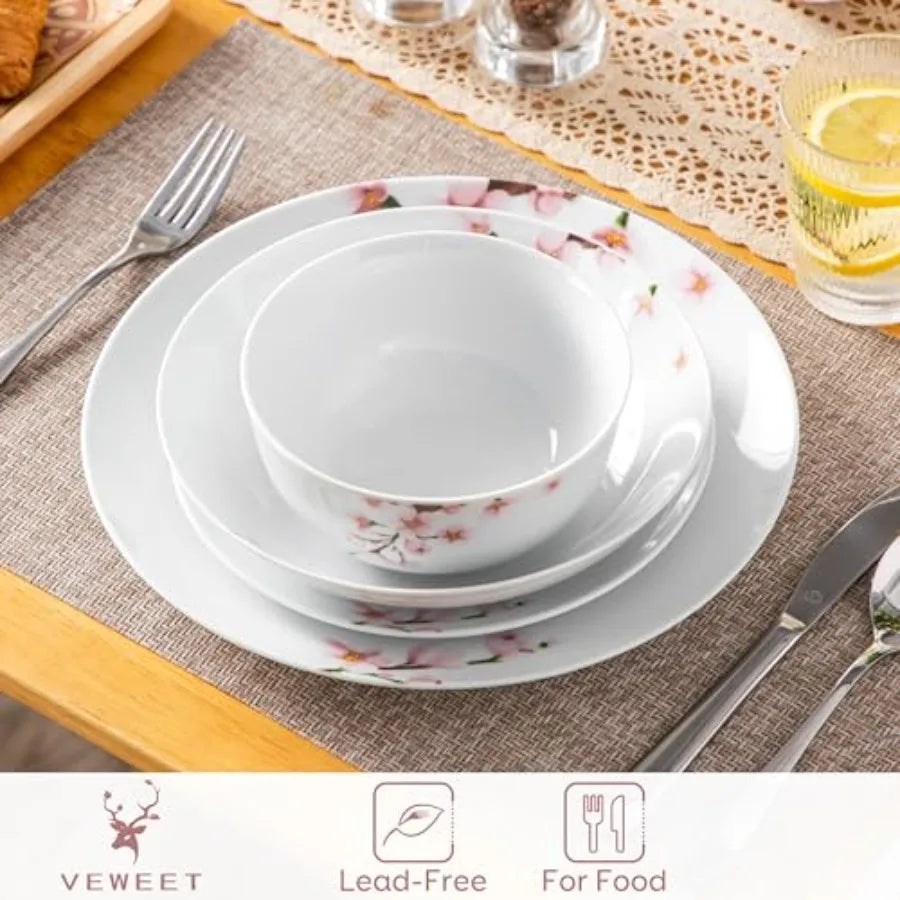 Dinnerware Sets for 6, 24 Porcelain Plates and Bowls Set with Pink Floral,