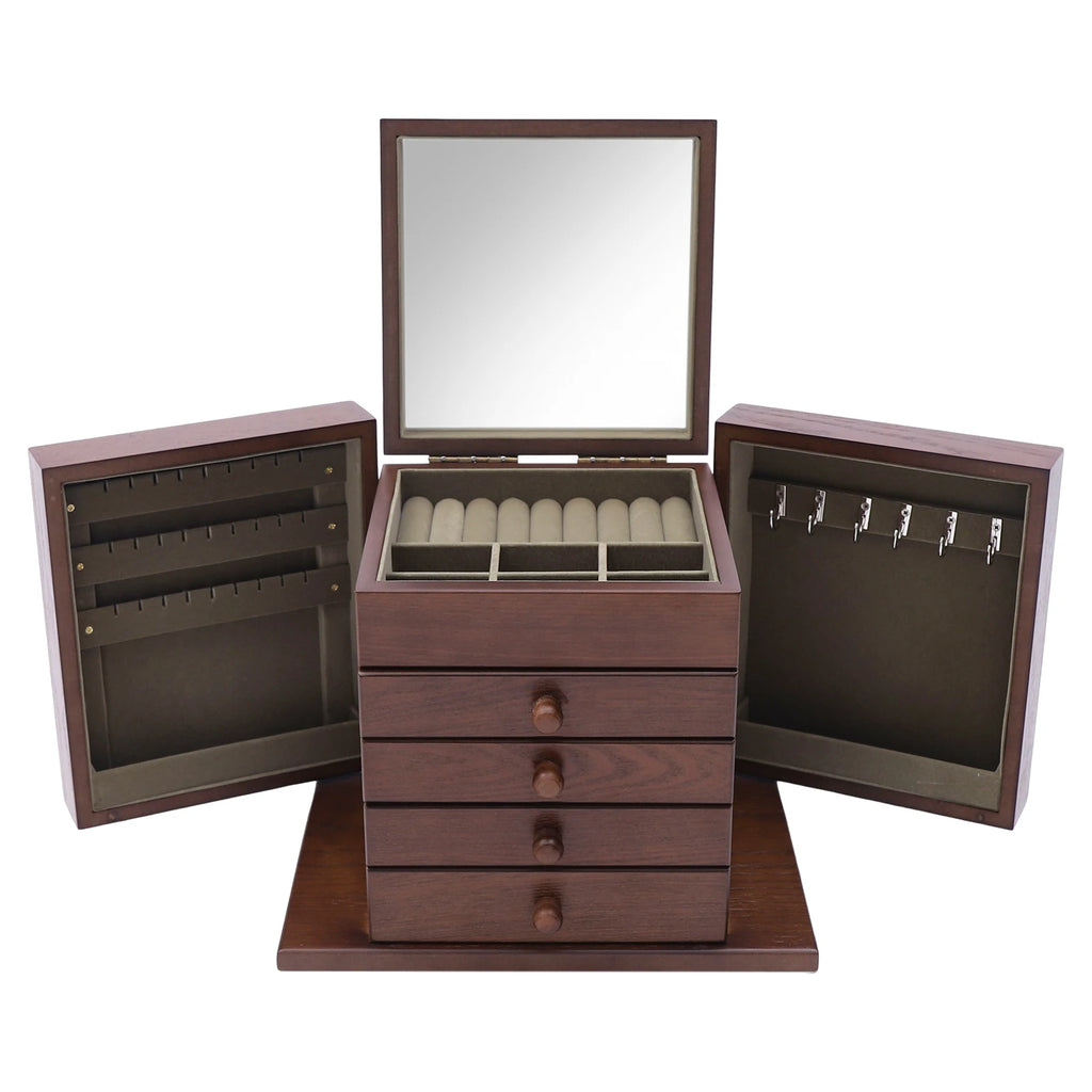 Jewelry Organizer Box, Multi-Compartment Storage Case with 4 Drawers & 6 Hooks & Built-in Mirror, Space-Saving MDF Vanity Stand