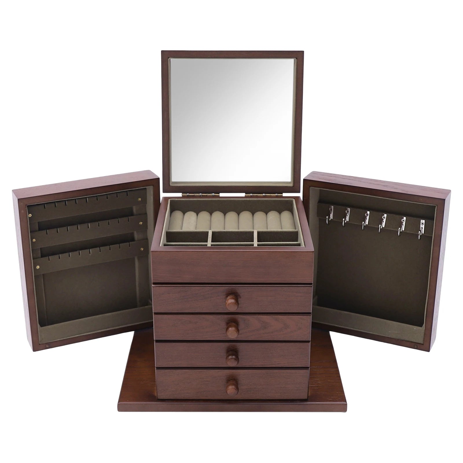 Jewelry Organizer Box, Multi-Compartment Storage Case with 4 Drawers & 6 Hooks & Built-in Mirror, Space-Saving MDF Vanity Stand