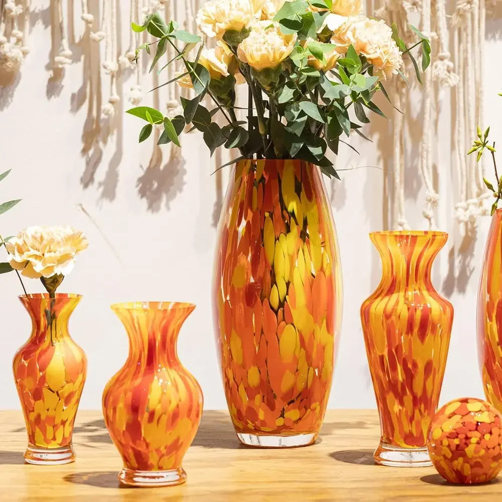 Hand Blown Orange Yellow Confetti Art Glass Vase Murano Style For Flower Decor