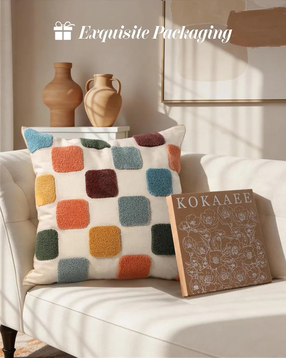 18x18 Embroidered Throw Pillow Cover - Modern Geometric, Colorful Checkered, Canvas with Zipper