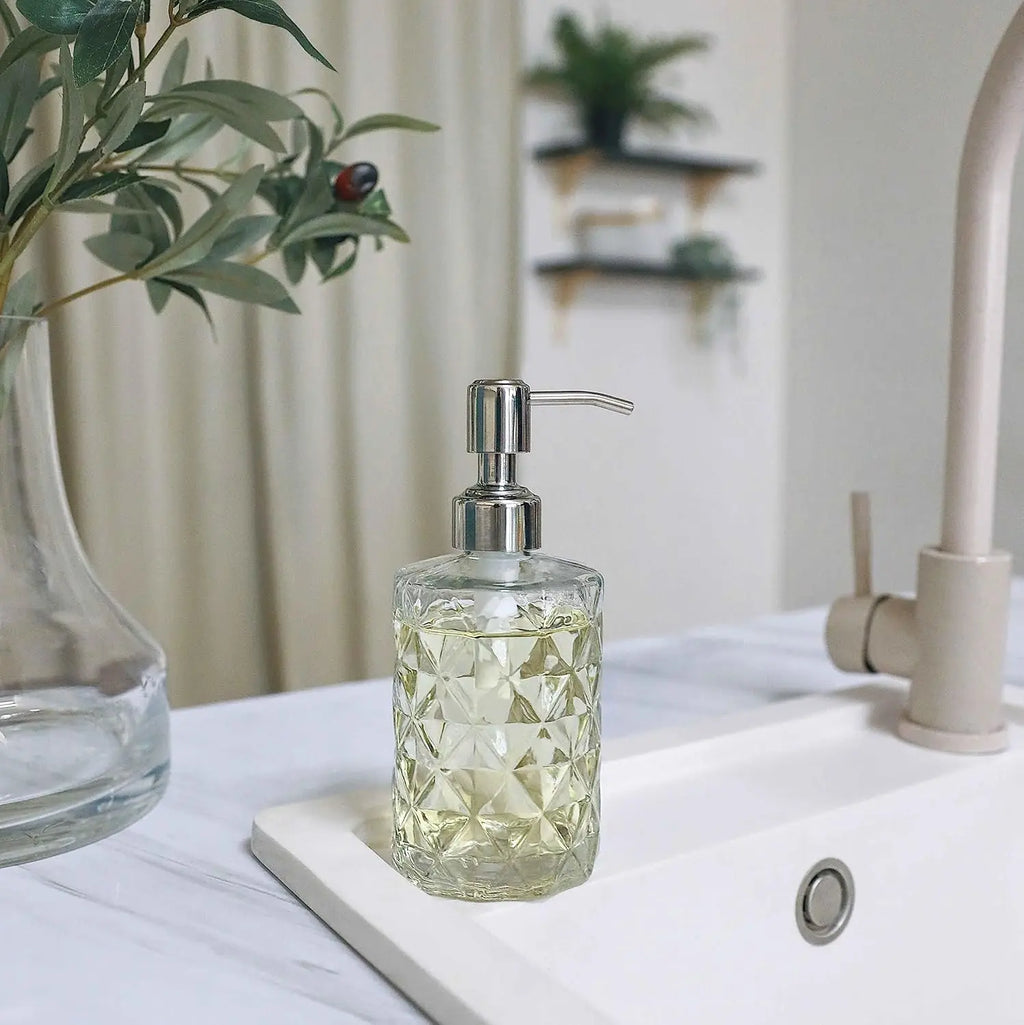 2-Pack Diamond Embossed Glass Soap Dispenser with 304 Stainless Steel Pump, 12 OZ
