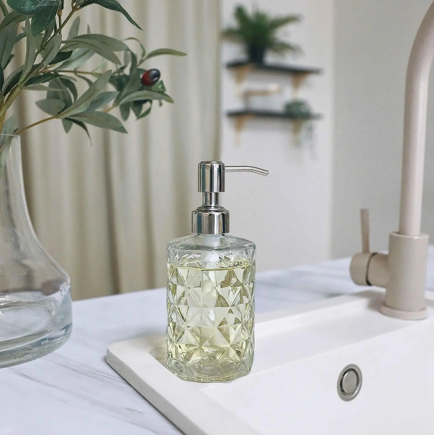 2-Pack Diamond Embossed Glass Soap Dispenser with 304 Stainless Steel Pump, 12 OZ